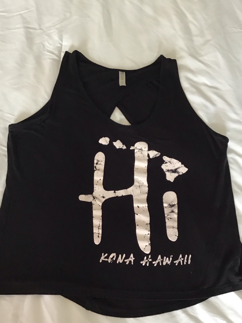 Black Cross Back Tank Top with White “HI Kona Hawaii” Graphic